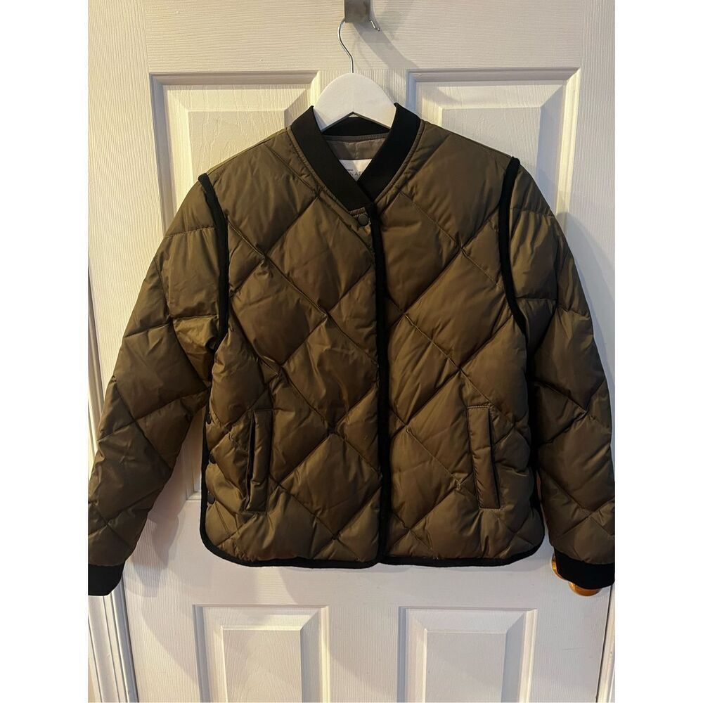 Nordstrom Signature Green Satin Quilted Side Snap Puffer Varsity Jacket sz XS NW